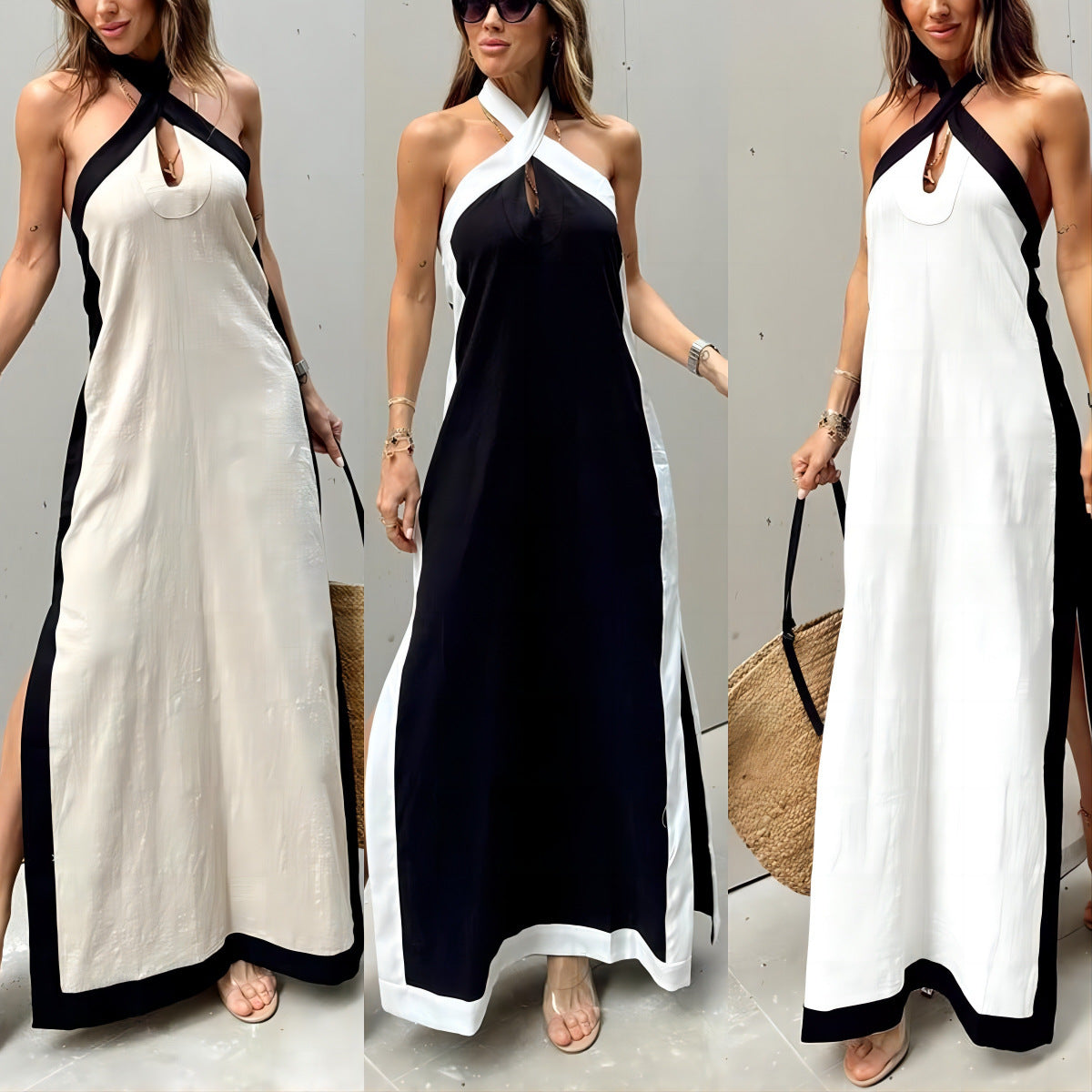 Cotton And Linen Backless Halter Split Dress – Urban Elegance